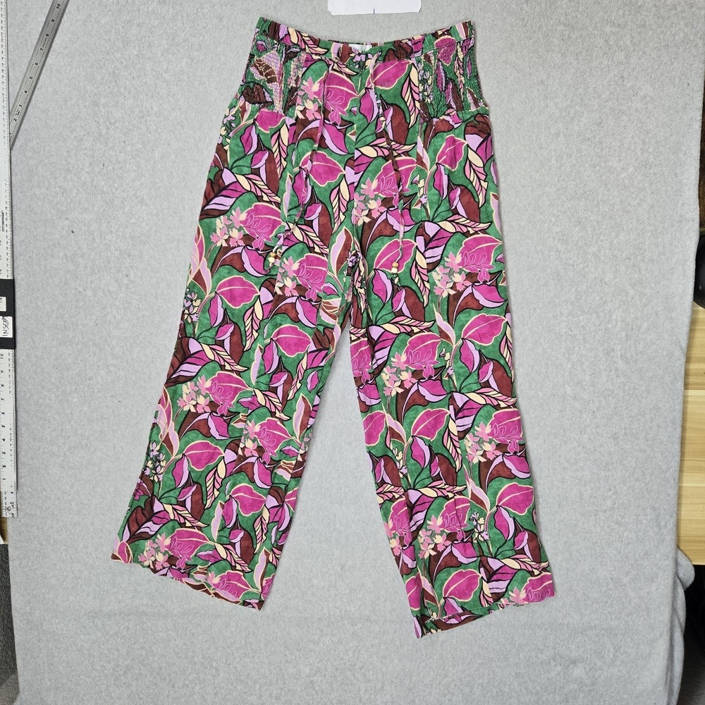 Cynthia Rowley Women Pants US L Green Linen Floral Cottagecore Coastal Beach